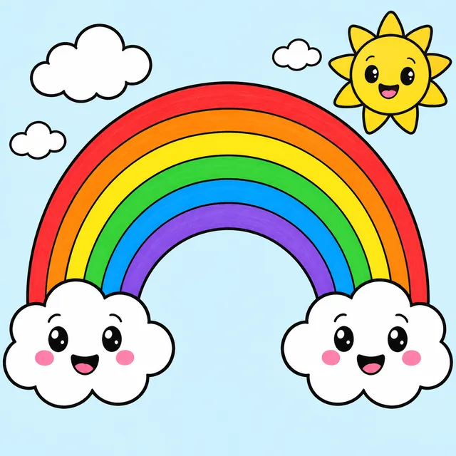 Colored example of a smiling rainbow with cloud friends