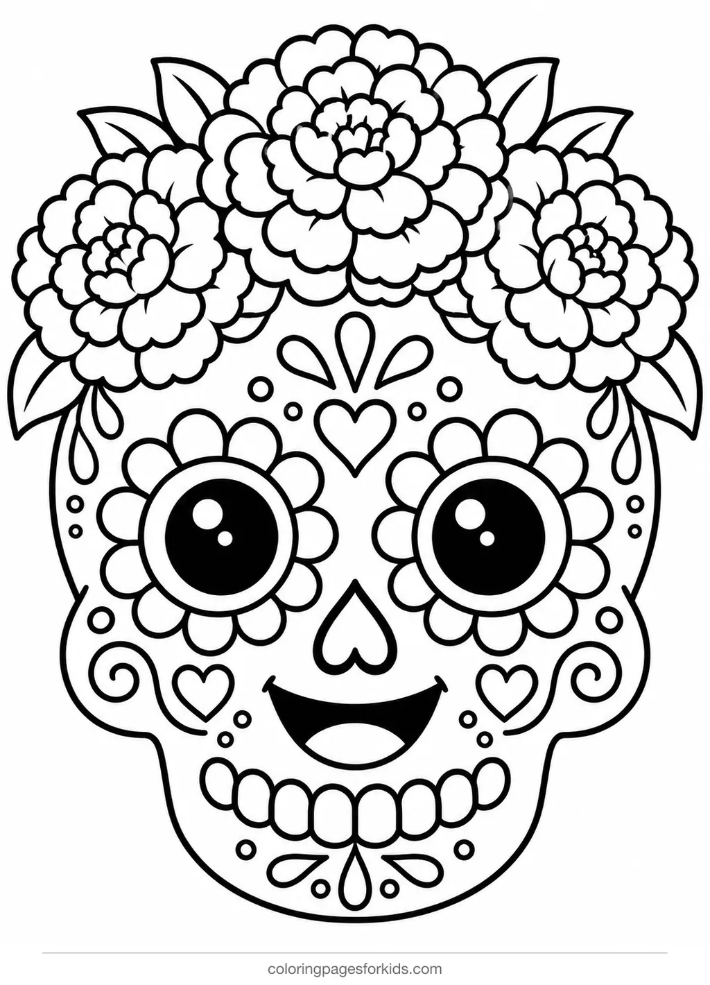 Day of the Dead coloring page of a smiling calavera with flower crown, easy printable for ages 3-5