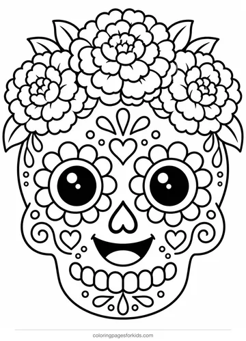 Day of the Dead coloring page of a smiling calavera with flower crown, easy printable for ages 3-5