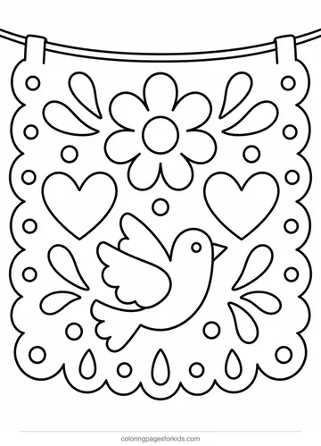 Day of the Dead coloring page of one papel picado flag, easy printable for ages 3-5