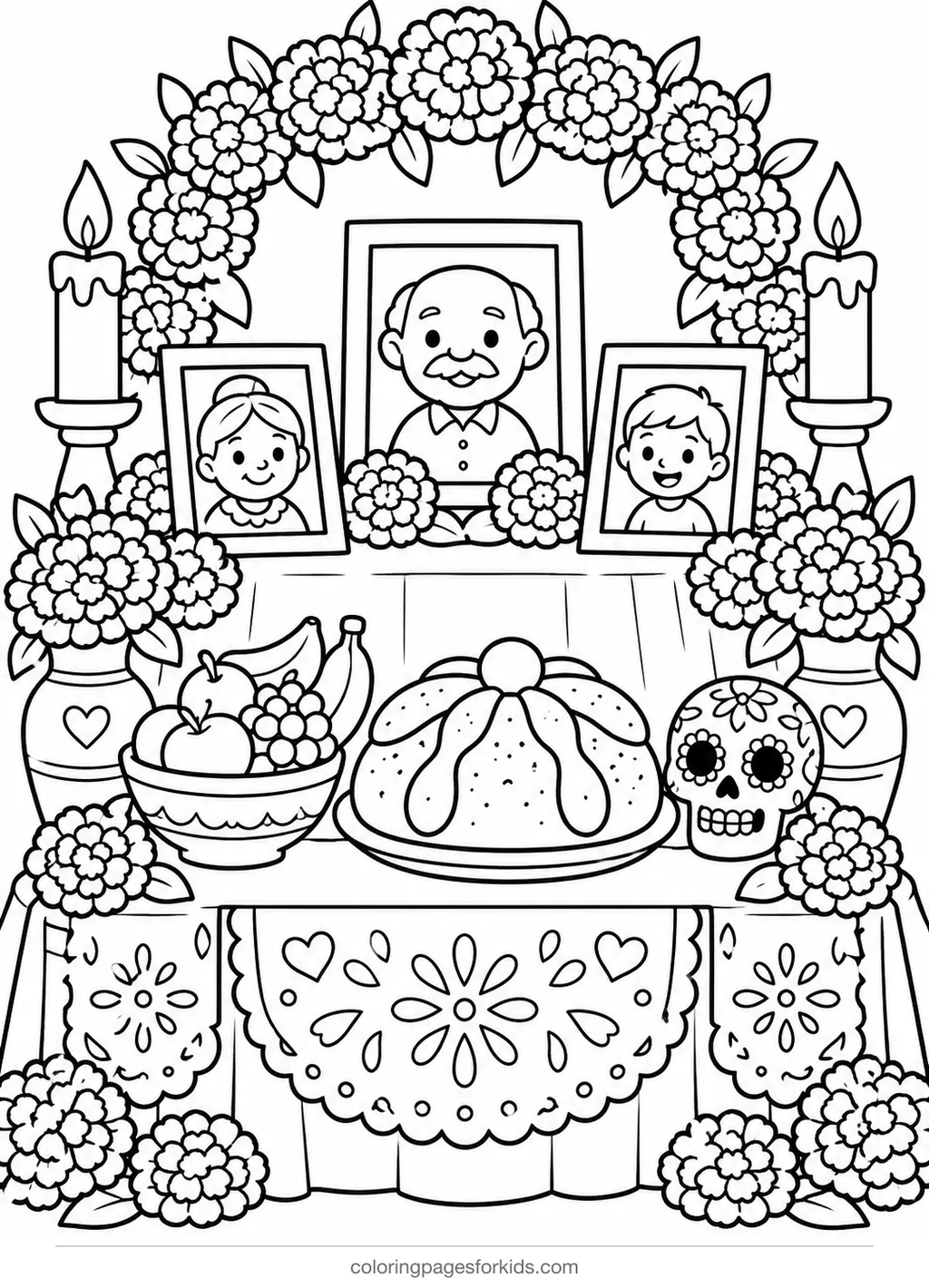 Day of the Dead coloring page of an ofrenda with candles and marigolds, medium printable for ages 5-7