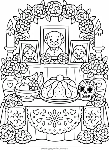 Day of the Dead coloring page of an ofrenda with candles and marigolds, medium printable for ages 5-7