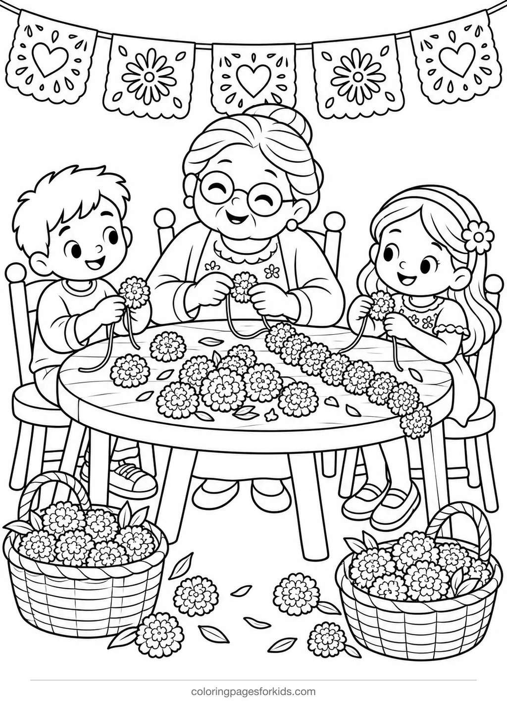 Day of the Dead coloring page of family making marigold garlands, medium printable for ages 5-7