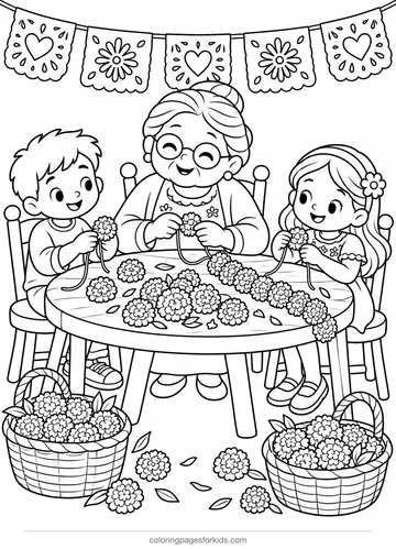 Day of the Dead coloring page of family making marigold garlands, medium printable for ages 5-7