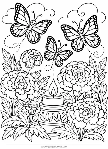 Day of the Dead coloring page of monarch butterflies over marigolds, medium printable for ages 5-7