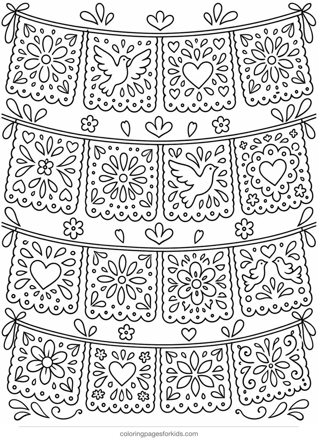 Day of the Dead coloring page of detailed papel picado garland, detailed printable for ages 7-10