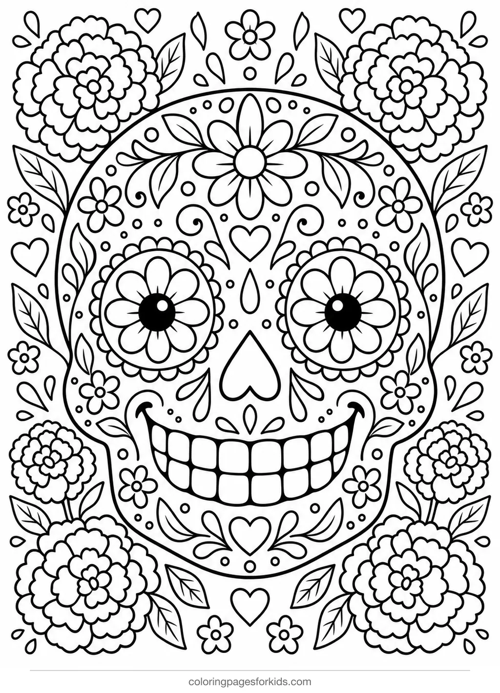 Day of the Dead coloring page of a floral calavera, detailed printable for ages 7-10
