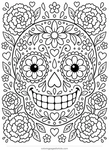 Day of the Dead coloring page of a floral calavera, detailed printable for ages 7-10