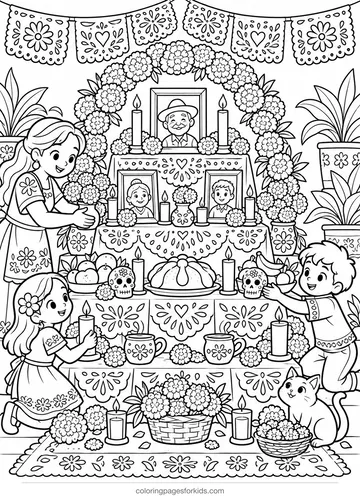 Day of the Dead coloring page of a candlelit family ofrenda, detailed printable for ages 7-10