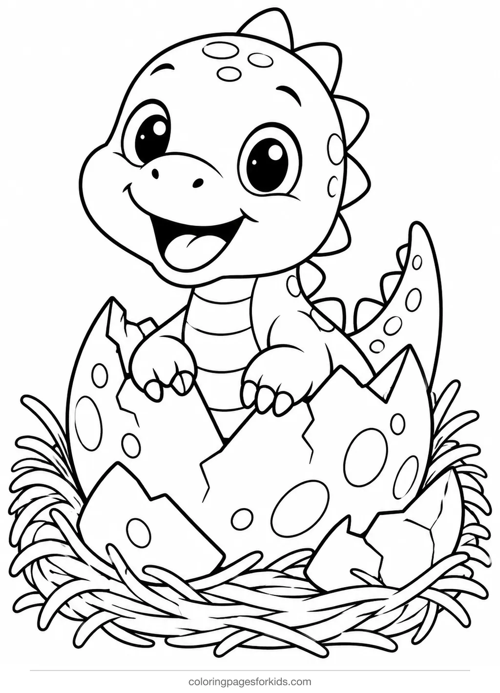 Dinosaur coloring page of a baby dinosaur hatching from an egg, easy black-and-white printable for ages 3-5