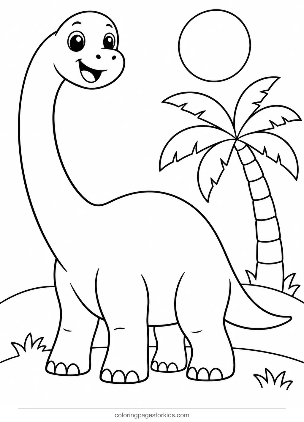 Dinosaur coloring page of a smiling long-neck dinosaur by a palm tree, easy printable for ages 3-5