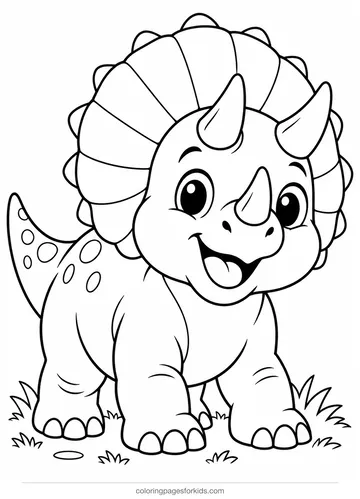 Dinosaur coloring page of a cute triceratops with three horns, easy printable for ages 3-5