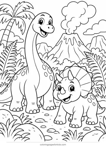 Dinosaur coloring page of two dinosaurs by a volcano, medium printable for ages 5-7