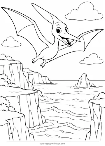 Dinosaur coloring page of a pteranodon over sea cliffs, medium printable for ages 5-7