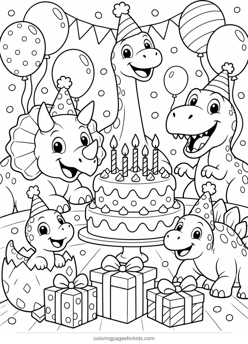 Dinosaur coloring page of dinosaurs at a birthday party, medium printable for ages 5-7