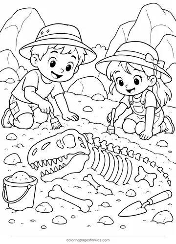 Dinosaur coloring page of cartoon kids uncovering a fossil skeleton, medium printable for ages 5-7