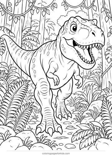 Dinosaur coloring page of a realistic Tyrannosaurus rex in a jungle, detailed printable for ages 7-10