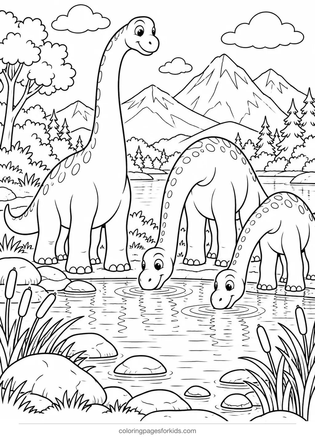 Dinosaur coloring page of a brachiosaurus herd by a lake, detailed printable for ages 7-10