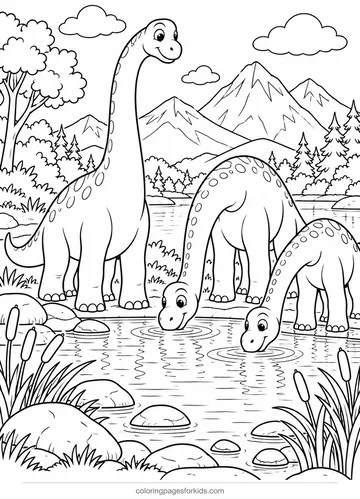 Dinosaur coloring page of a brachiosaurus herd by a lake, detailed printable for ages 7-10
