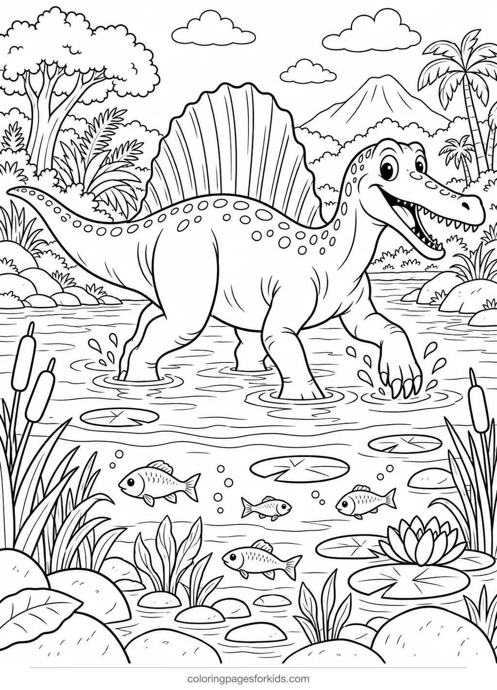 Dinosaur coloring page of a spinosaurus wading in a river, detailed printable for ages 7-10