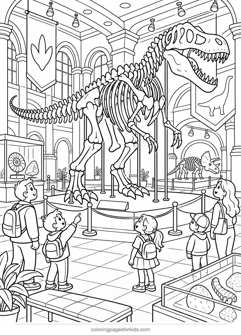 Dinosaur coloring page of a museum skeleton display, detailed printable for ages 7-10