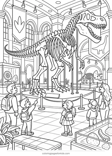Dinosaur coloring page of a museum skeleton display, detailed printable for ages 7-10