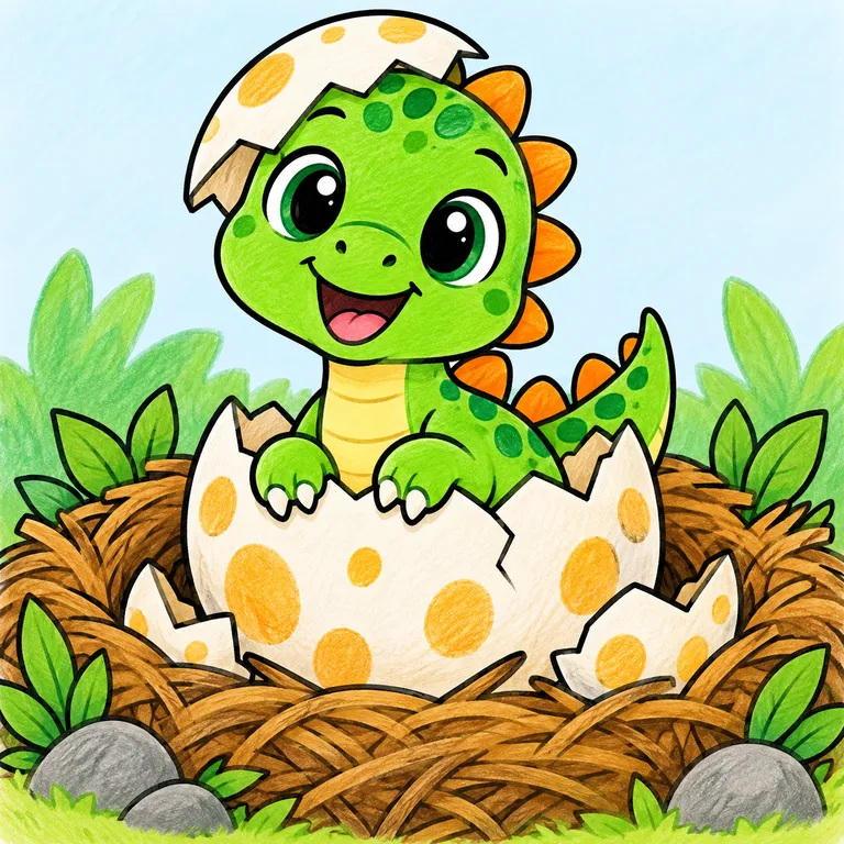 Colored example of a cute baby dinosaur hatching from an egg