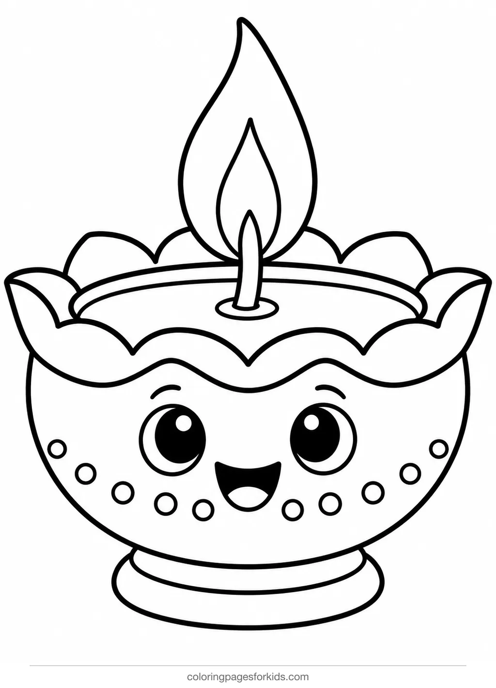 Diwali coloring page of one smiling clay diya lamp, easy black-and-white printable for ages 3-5