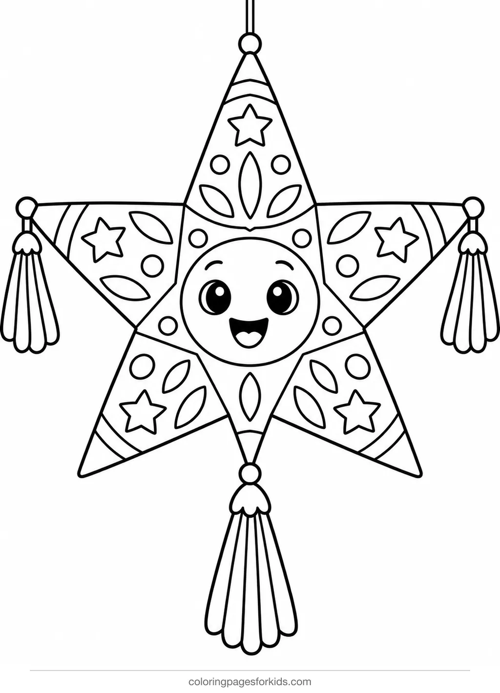 Diwali coloring page of a smiling hanging star lantern, easy black-and-white printable for ages 3-5