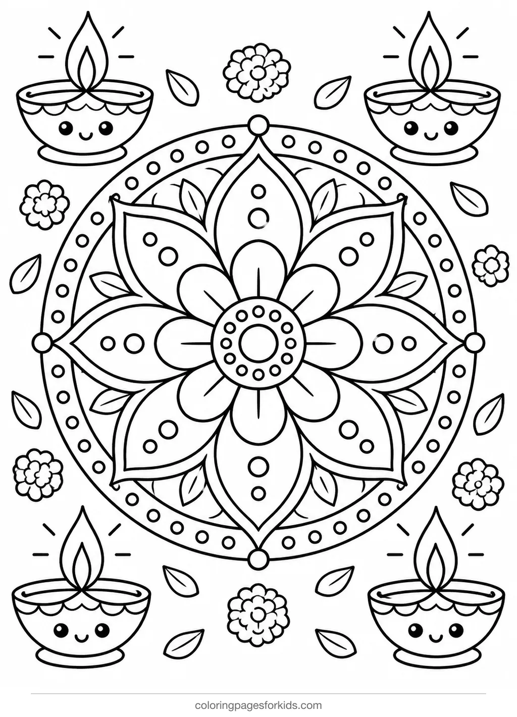 Diwali coloring page of a rangoli flower with four diyas, medium black-and-white printable for ages 5-7
