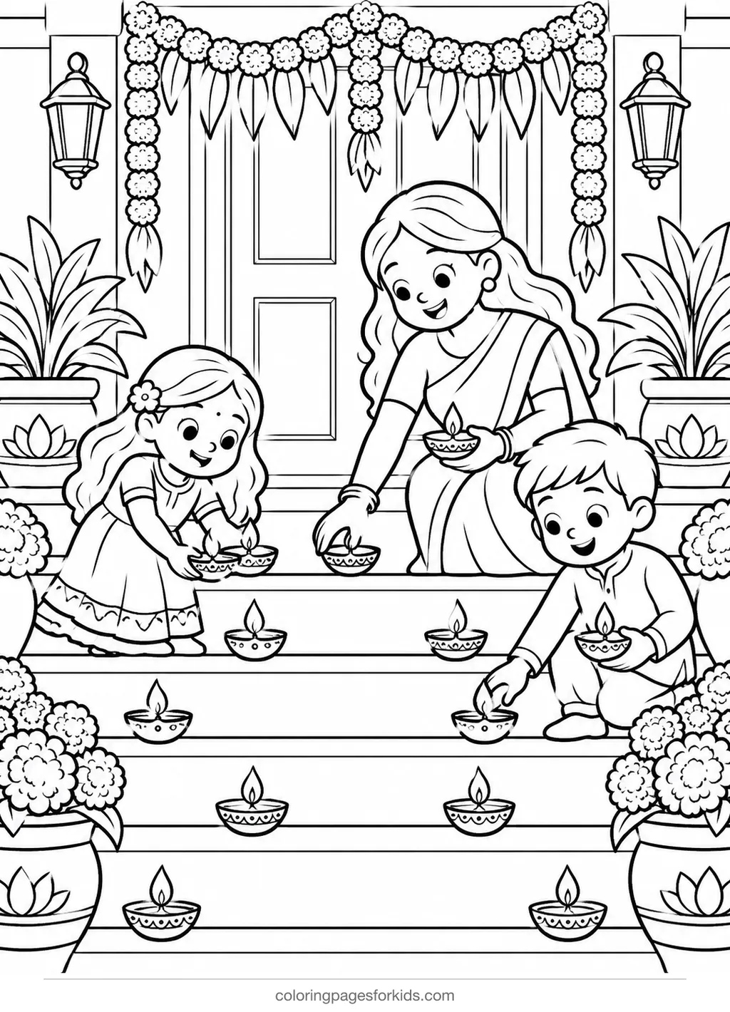 Diwali coloring page of a family placing diyas on steps, medium black-and-white printable for ages 5-7