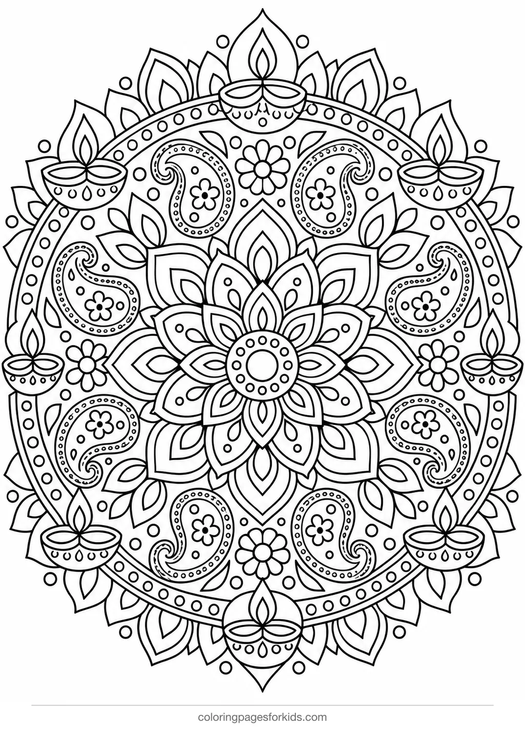 Diwali coloring page of a detailed circular rangoli pattern, detailed black-and-white printable for ages 7-10