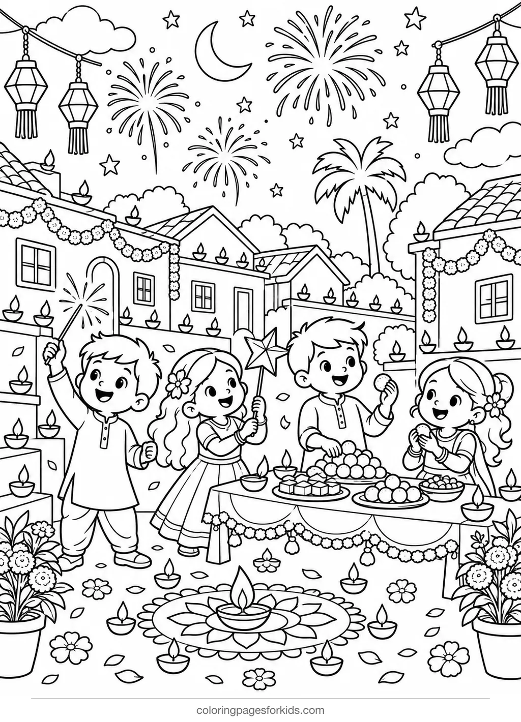 Diwali coloring page of houses, diyas, lanterns and sweets, detailed black-and-white printable for ages 7-10