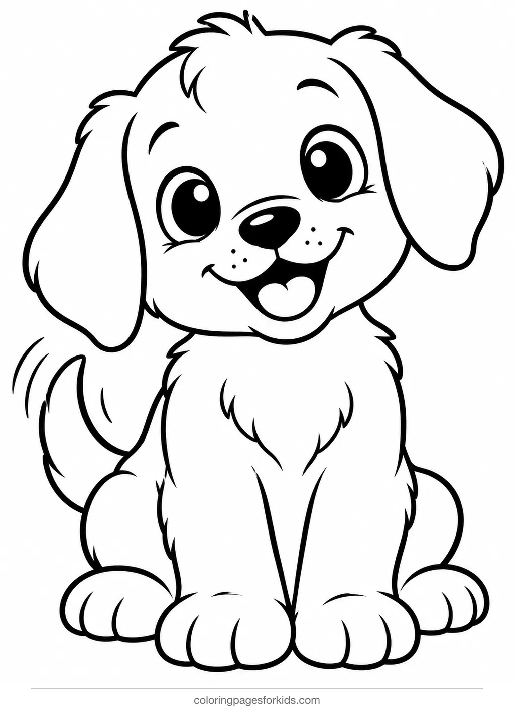 Dog coloring page of a floppy-eared puppy sitting and wagging, easy black-and-white printable for ages 3-5