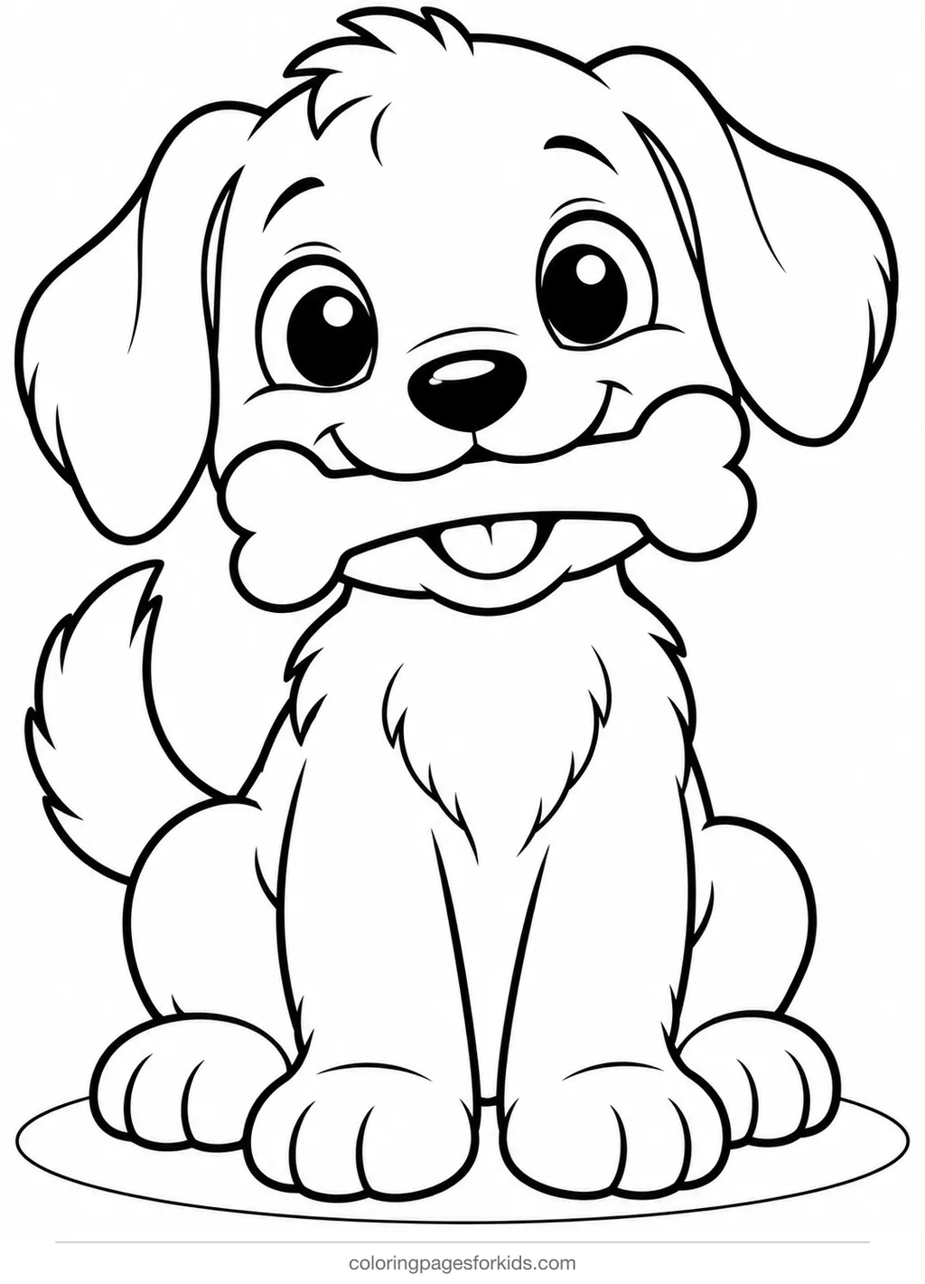 Dog coloring page of a puppy holding a bone, easy black-and-white printable for ages 3-5