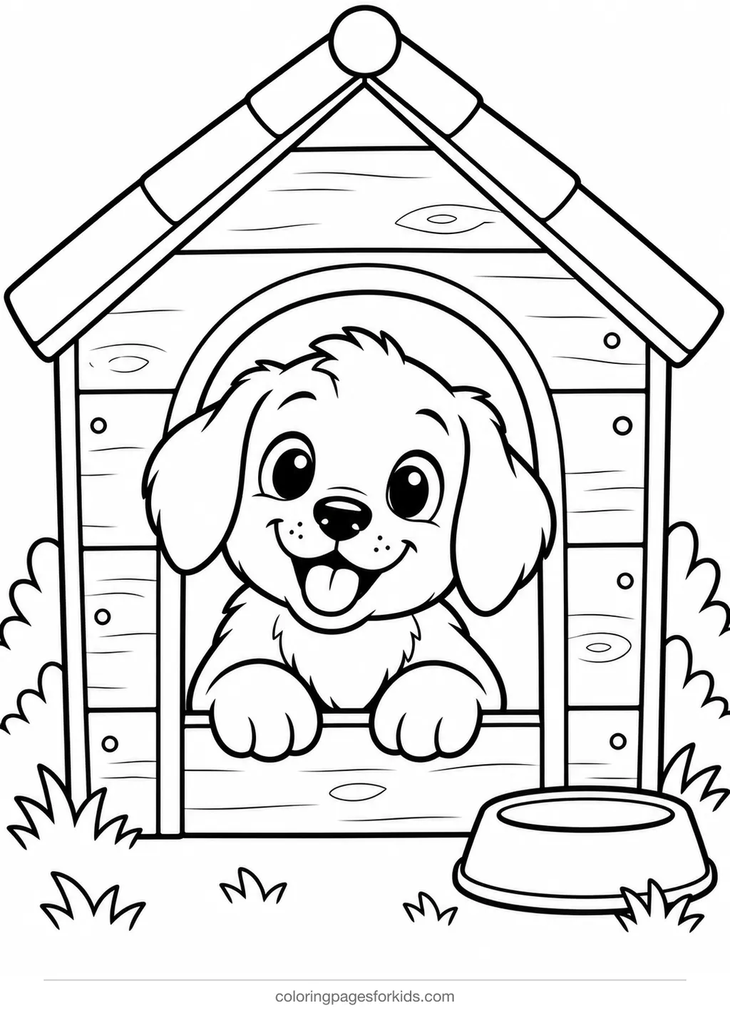 Dog coloring page of a happy dog in a doghouse, easy black-and-white printable for ages 3-5