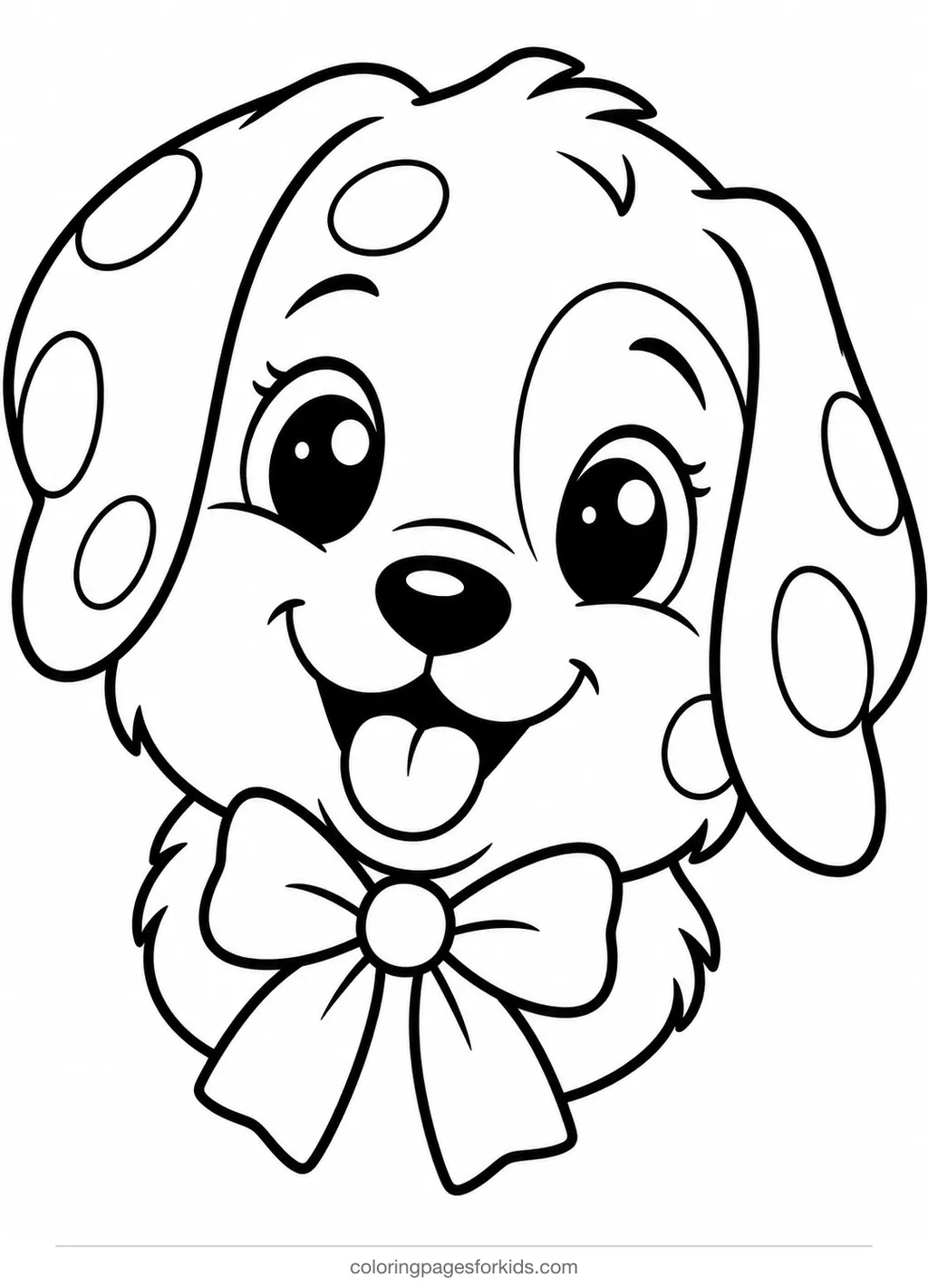 Dog coloring page of a kawaii puppy face with spots and a bow, easy printable for ages 3-5