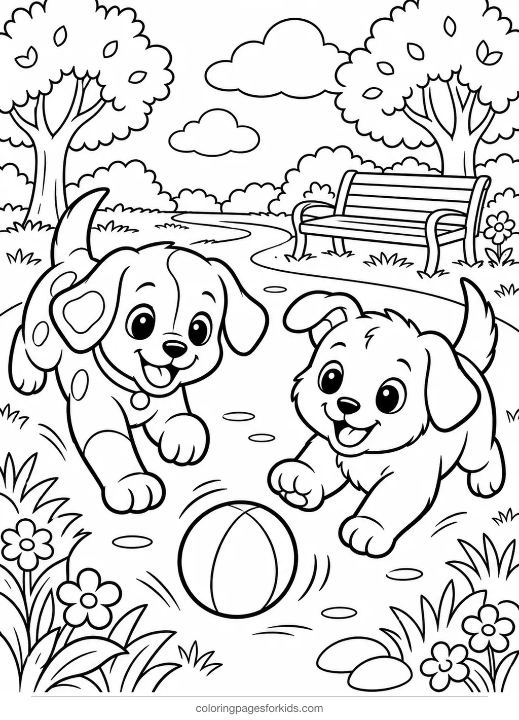 Dog coloring page of two puppies chasing a ball in a park, medium printable for ages 5-7