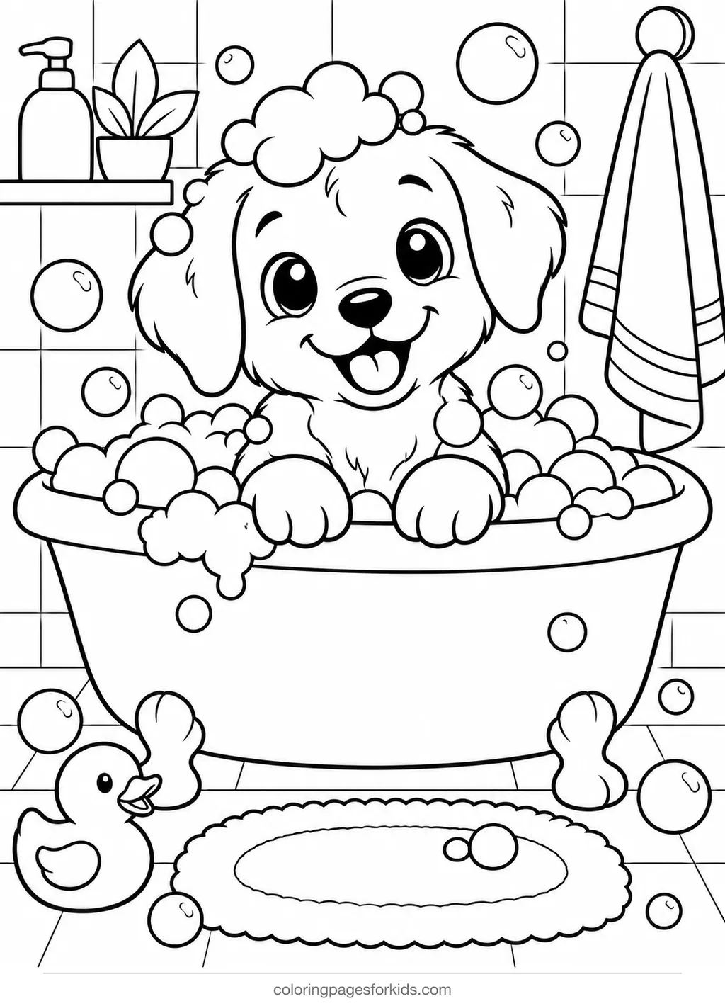 Dog coloring page of a dog in a bubble bath with a rubber duck, medium printable for ages 5-7