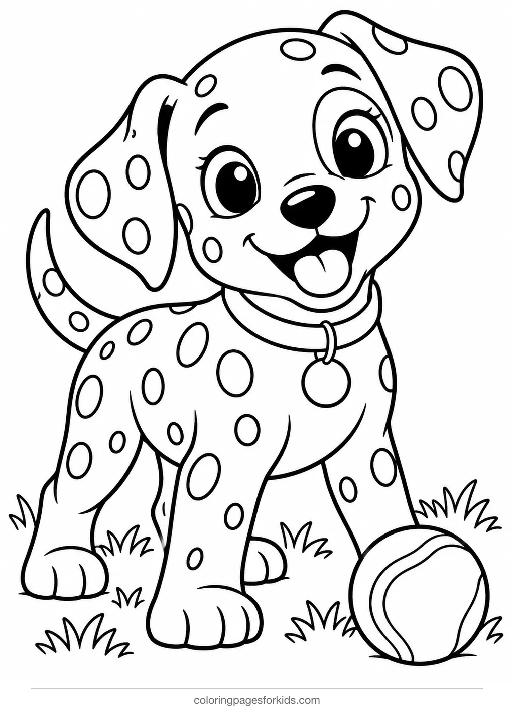 Dog coloring page of a dalmatian puppy with spots and collar, medium printable for ages 5-7