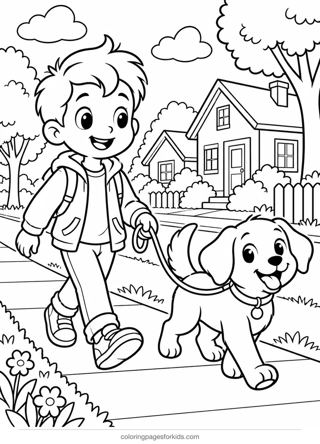 Dog coloring page of a cartoon child walking a dog past houses, medium printable for ages 5-7