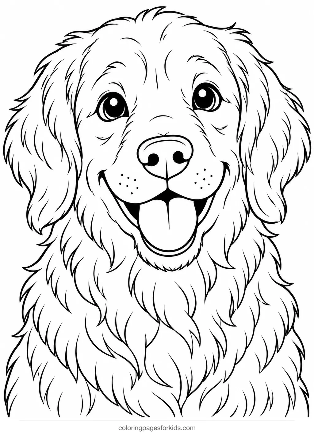 Dog coloring page of a golden retriever portrait with detailed fur, detailed printable for ages 7-10