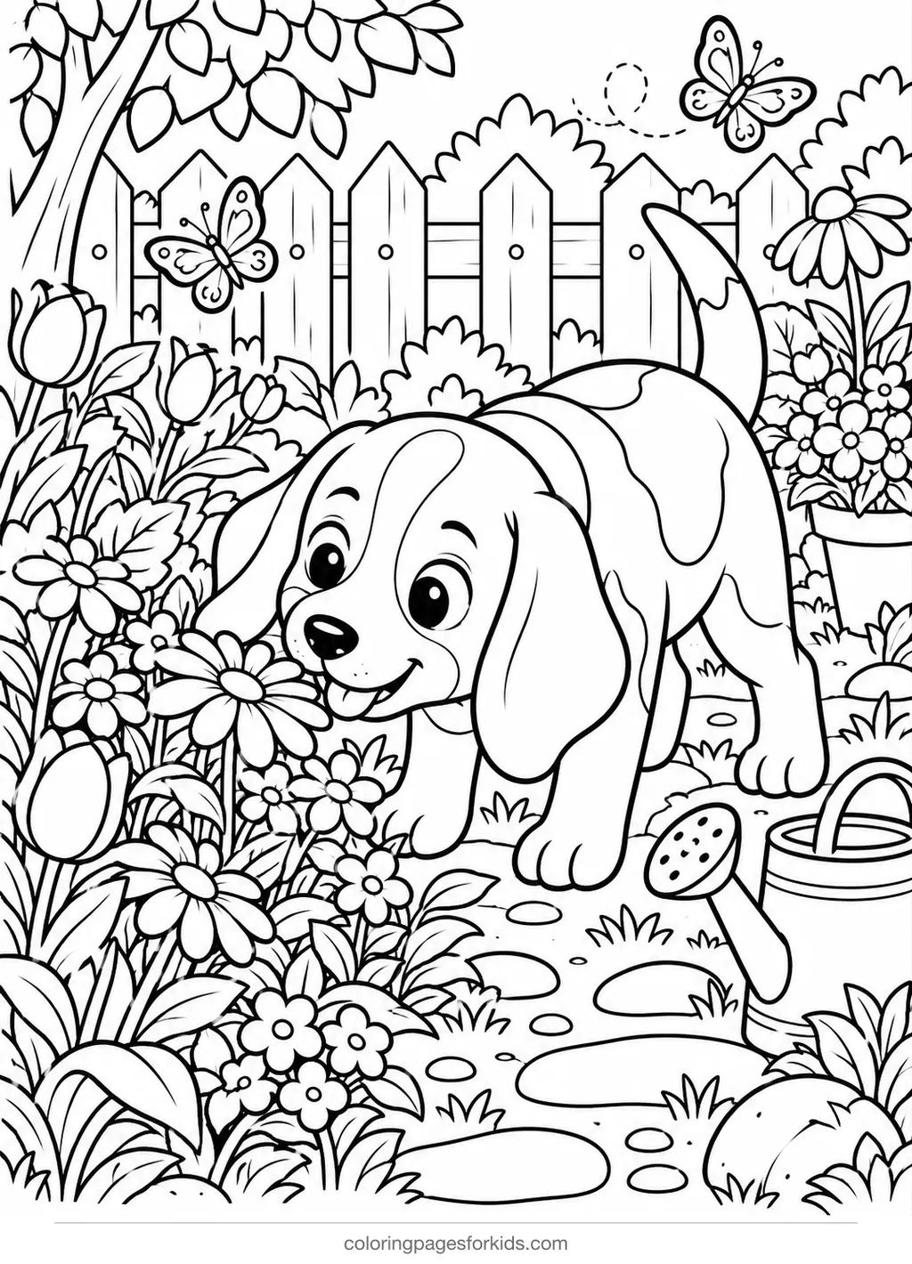 Dog coloring page of a beagle sniffing flowers in a garden, detailed printable for ages 7-10