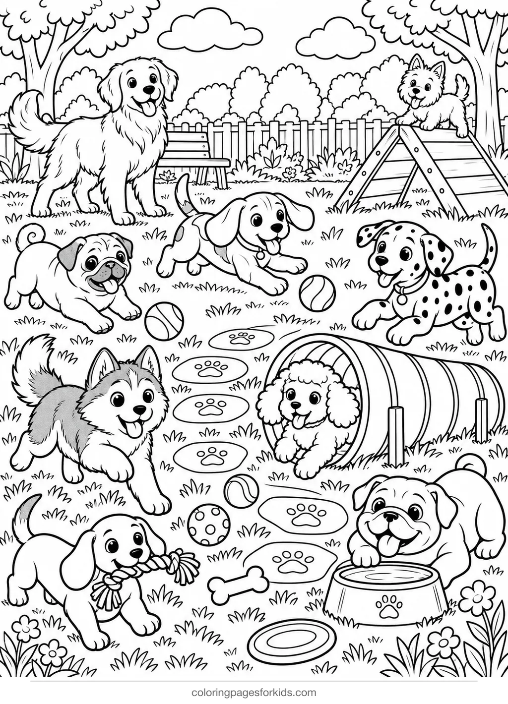 Dog coloring page of many dogs playing in a dog park, detailed black-and-white printable for ages 7-10