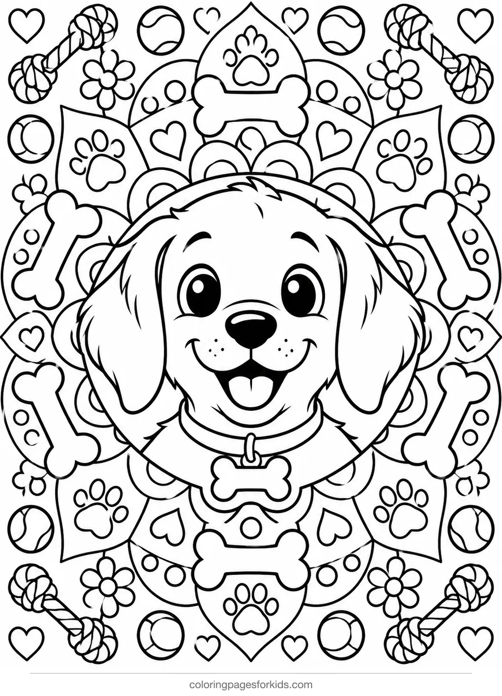 Dog coloring page of a dog head with bones, paws and hearts mandala, detailed printable for ages 7-10
