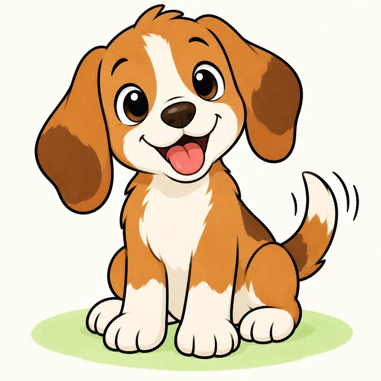 Colored example of a cute puppy sitting with floppy ears and a wagging tail