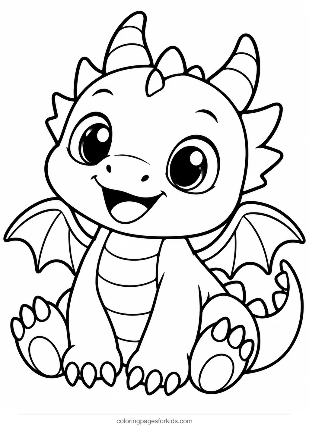 Dragon coloring page of a chubby baby dragon sitting, easy black-and-white printable for ages 3-5