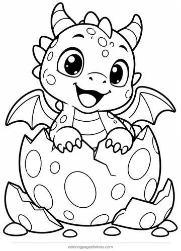Dragon coloring page of a baby dragon hatching from a spotted egg, easy printable for ages 3-5