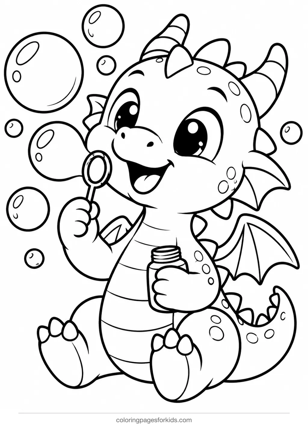 Dragon coloring page of a friendly dragon blowing bubbles, easy black-and-white printable for ages 3-5