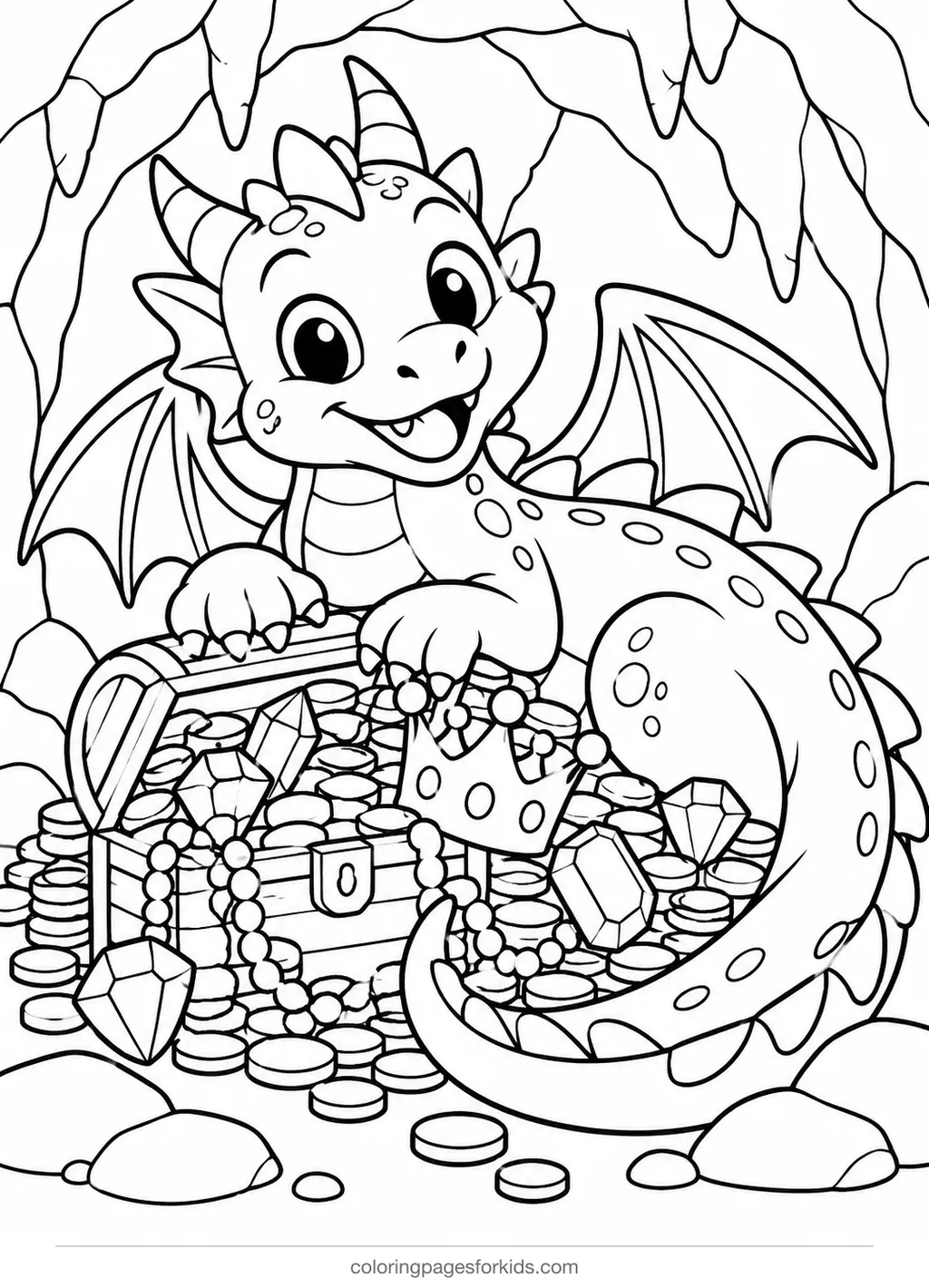 Dragon coloring page of a smiling dragon curled around treasure, medium printable for ages 5-7